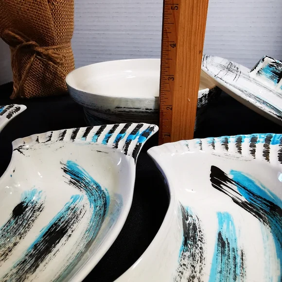 California Pottery Vintage Serving Set Blue and Black Brushstroke Plaid 6 Pieces - Picture 16 of 16